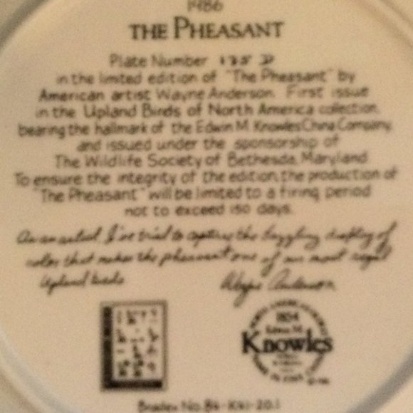 1986 THE PHEASANT Collector Plate Upland Birds of North America Wayne Anderson - Picture 6 of 6
